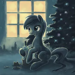 Size: 743x744 | Tagged: safe, artist:choedan-kal, derpibooru import, oc, oc:cork dork, unofficial characters only, earth pony, pony, bottle, christmas, christmas tree, female, holiday, image, jpeg, mare, solo, tree, window