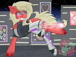 Size: 1920x1440 | Tagged: safe, artist:gray star, derpibooru import, oc, oc:scarlet star, unofficial characters only, cyborg, earth pony, pony, action pose, butt freckles, chest fluff, clothes, cyberpunk, ear fluff, ear piercing, fangs, female, fluffy, freckles, glasses, gritted teeth, image, jacket, leather, leather jacket, mare, nighthaze, piercing, png, scrunchy face, simple background, solo, teeth, trans female, transgender, transgender oc, unshorn fetlocks