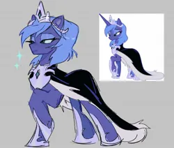 Size: 1616x1372 | Tagged: safe, artist:trixieacc06, derpibooru import, princess luna, alicorn, pony, cape, clothes, crown, frown, image, jewelry, jpeg, raised hoof, regalia, solo, standing