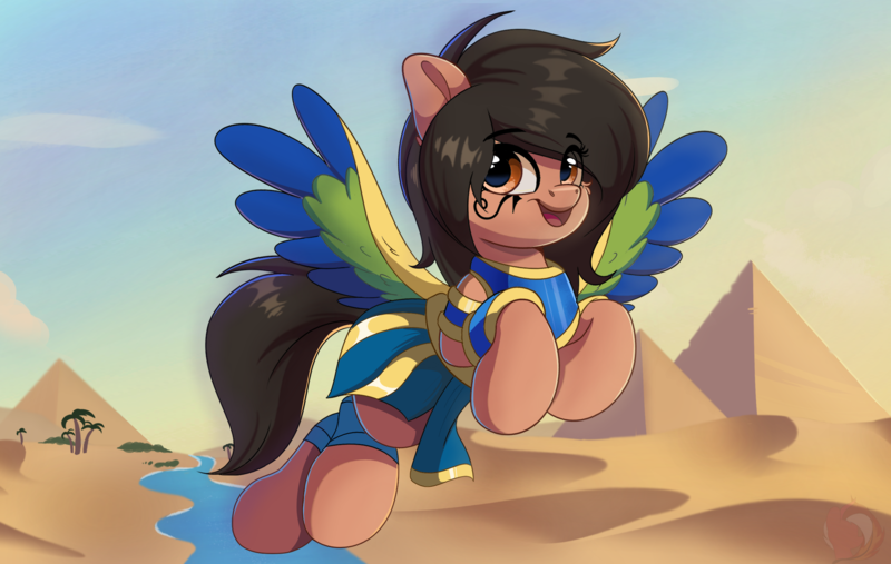 Size: 2365x1500 | Tagged: safe, artist:joaothejohn, derpibooru import, oc, oc:alex, pegasus, pony, clothes, cloud, commission, cute, egyptian, flying, image, looking up, pegasus oc, png, pyramid, river, sand, sky, solo, water, wings
