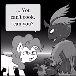 Size: 659x657 | Tagged: safe, artist:vavacung, derpibooru import, edit, queen chrysalis, changeling, changeling queen, earth pony, pony, caption, comic, cropped, d:, duo, female, image, image macro, jpeg, looking at each other, looking at someone, open mouth, reaction, reaction image, text