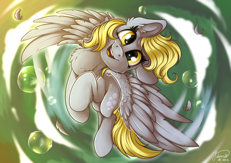 Size: 4093x2894 | Tagged: safe, artist:julunis14, derpibooru import, derpy hooves, pegasus, bubble, cloud, cute, derp, derpy day, digital, female, flying, happy, image, looking at you, png, spread wings, wings