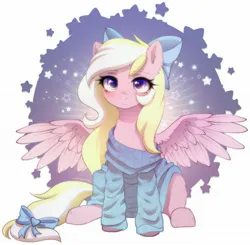 Size: 2048x2003 | Tagged: safe, artist:avrameow, derpibooru import, oc, oc:bay breeze, unofficial characters only, pegasus, pony, bow, clothes, cute, female, hair bow, image, jpeg, looking at you, mare, oversized clothes, oversized shirt, shirt, simple background, sitting, spread wings, sweater, tail, tail bow, wings