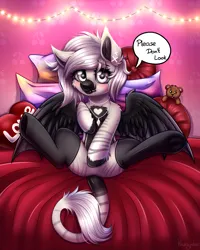 Size: 2550x3184 | Tagged: suggestive, alternate version, artist:kruszynka25, derpibooru import, oc, oc:devilvoice, bed, clothes, ear piercing, image, jewelry, leonine tail, lying, necklace, piercing, plushie, png, socks, tail, teddy bear