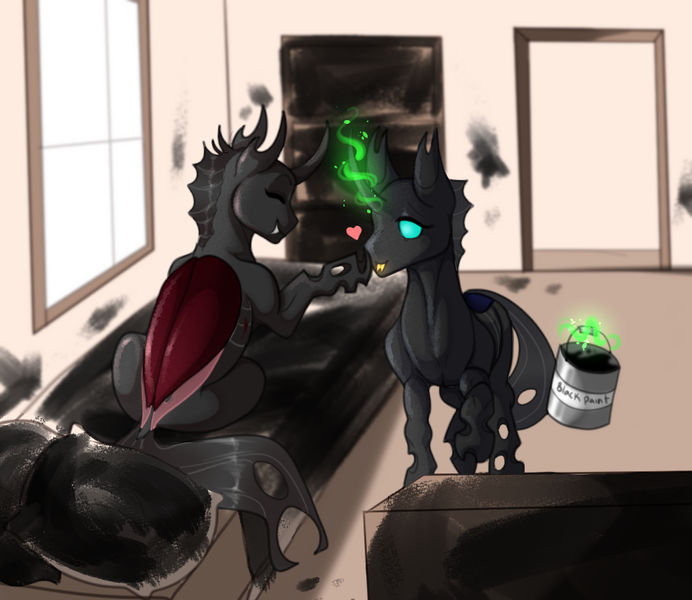Size: 956x829 | Tagged: safe, artist:snowberry, derpibooru import, oc, oc:coxa, oc:mimesis, unofficial characters only, changeling, bed, bedroom, boop, changeling oc, duo, fangs, heart, image, magic, male, no source available, paint, pillow, png, red changeling, scar, sitting, smiling, tongue out, window