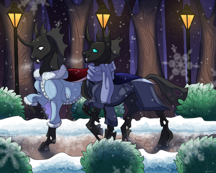 Size: 1280x1024 | Tagged: safe, artist:snowberry, derpibooru import, oc, oc:coxa, oc:mimesis, unofficial characters only, changeling, bush, changeling oc, clothes, coat, duo, fangs, image, lamppost, male, no source available, path, png, red changeling, scarf, smiling, snow, snowflake, tree, walking, winter, winter outfit