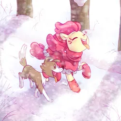 Size: 899x898 | Tagged: safe, artist:jumblehorse, edit, apple bloom, winona, earth pony, pony, adorabloom, boots, chromatic aberration removal, clothes, cute, eyelashes, eyes closed, female, filly, image, open mouth, png, raised hoof, running, shoes, smiling, snow, snowfall, tongue out, tree