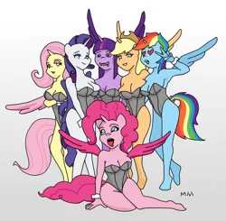 Size: 903x885 | Tagged: suggestive, artist:mattythemimic, derpibooru import, applejack, fluttershy, pinkie pie, rainbow dash, rarity, twilight sparkle, twilight sparkle (alicorn), alicorn, anthro, alicorn six, alicornified, applecorn, breasts, bunny suit, clothes, drool, fluttercorn, grin, heart, heart eyes, image, jpeg, leotard, looking at you, mane six, open mouth, pinkiecorn, race swap, rainbowcorn, raricorn, smiling, smiling at you, swirly eyes, tongue out, wingding eyes, xk-class end-of-the-world scenario