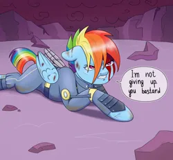 Size: 2700x2500 | Tagged: semi-grimdark, artist:miru yoshimura, derpibooru import, rainbow dash, pegasus, pony, the cutie re-mark, alternate timeline, amputee, apocalypse, apocalypse dash, artificial wings, augmented, blood, crystal war timeline, dialogue, female, image, injured, mare, png, prosthetic limb, prosthetic wing, prosthetics, solo, wings