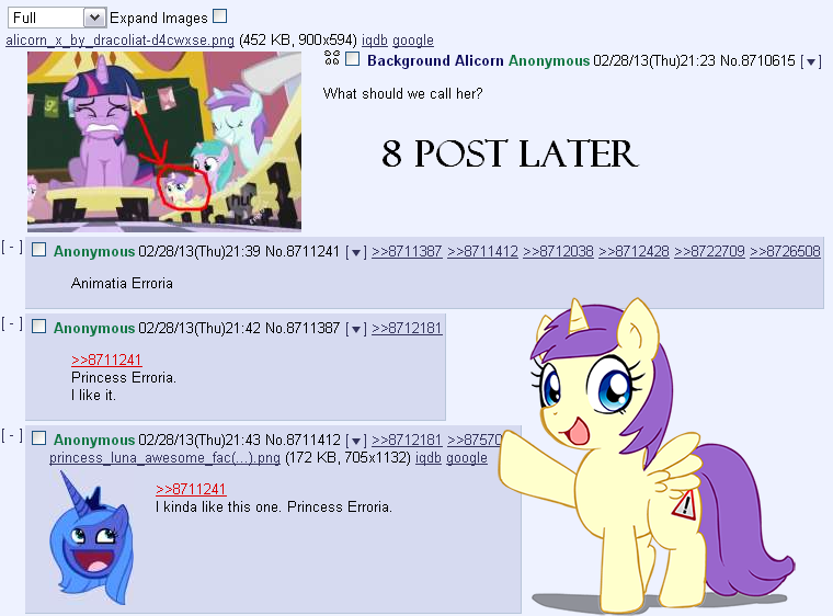 Size: 760x562 | Tagged: safe, derpibooru import, edit, edited screencap, screencap, alula, pluto, princess erroria, princess luna, alicorn, pony, lesson zero, /mlp/, 2013, 4chan, 4chan screencap, animation error, artifact, awesome face, cropped, female, filly, foal, image, imageboard, mare, nostalgia, origin story, origins, png, smiling