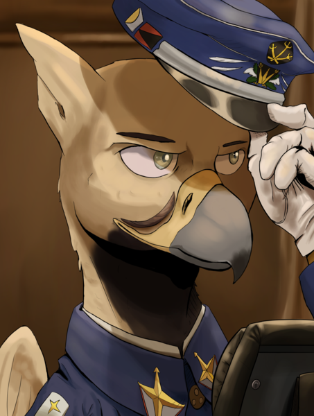 Size: 1560x2068 | Tagged: safe, artist:fly over, derpibooru import, oc, gryphon, equestria at war mod, bust, cap, clothes, gloves, griffon oc, hat, image, png, portrait, uniform