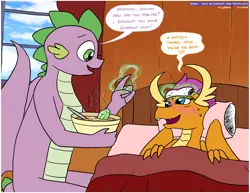 Size: 3300x2550 | Tagged: safe, artist:loreto-arts, derpibooru import, smolder, spike, dragon, bed, bowl, caring for the sick, dragoness, duo, female, food, gem, image, male, older, older spike, png, shipping, soup, spolder, straight, winged spike, wings