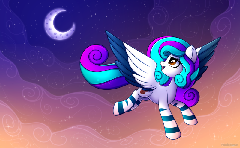 Size: 3600x2229 | Tagged: safe, artist:madelinne, derpibooru import, oc, oc:cookie crumbler, unofficial characters only, pegasus, cloud, image, moon, pegasus oc, png, sky, stars, sunset, wings