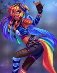 Size: 1750x2250 | Tagged: safe, artist:kyurochurro, derpibooru import, part of a set, rainbow dash, human, alternate hairstyle, arm warmers, ass, belly button, belt, bra, bra strap, bracelet, butt, chains, clothes, cute, dashabetes, devil horn (gesture), ear piercing, earring, female, fingerless gloves, fishnets, gloves, goggles, humanized, image, jewelry, leg warmers, lip piercing, midriff, nail polish, nose piercing, open mouth, piercing, png, scene hair, scene kid, shorts, snake bites, socks, solo, spiked wristband, stockings, tanktop, thigh highs, underwear, winged humanization, wings, wristband