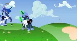 Size: 1600x857 | Tagged: safe, artist:evilfrenzy, derpibooru import, princess luna, oc, oc:frenzy, alicorn, pony, alternate hairstyle, clothes, cloud, cloudy, female, golf, grass, helmet, image, jpeg, magic, magic aura, male, mare, ponytail, shoes, sneakers, socks, sports