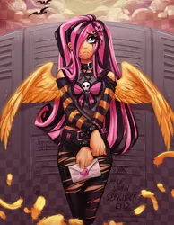 Size: 3500x4500 | Tagged: safe, artist:kyurochurro, derpibooru import, part of a set, fluttershy, bird, human, :c, alternate hairstyle, belt, bracelet, clothes, cloud, collar, ear piercing, earring, emo, emoshy, eyeshadow, feather, female, frown, green day, hair over one eye, humanized, image, jeans, jewelry, letter, lockers, makeup, necklace, pants, piercing, png, ripped jeans, ripped pants, running makeup, running mascara, shirt, solo, spiked wristband, torn clothes, winged humanization, wings, wristband