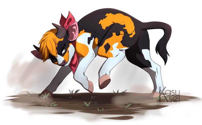 Size: 1882x1168 | Tagged: safe, artist:kasusei, derpibooru import, cow, them's fightin' herds, alternate color palette, arizona (tfh), bandana, butt, community related, female, image, jpeg, neckerchief, plot, raised hoof, raised leg, smiling, solo