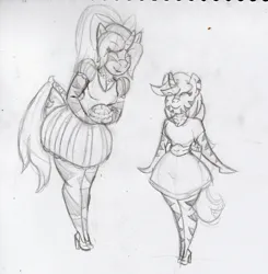 Size: 2180x2226 | Tagged: suggestive, derpibooru import, shining armor, oc, oc:lyrical touch, anthro, bottom armor, clothes, crossdressing, femboy, food, high heels, housewife, image, jpeg, monochrome, pie, shining femboy armor, shoes, size difference, sketch, stripes, zebra supremacy, zebradom