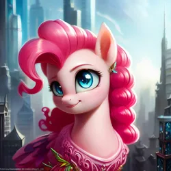 Size: 1024x1024 | Tagged: safe, derpibooru import, machine learning generated, stable diffusion, pinkie pie, earth pony, pony, city, cityscape, female, image, looking at you, mare, png, skyscraper, solo