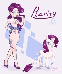 Size: 2652x3136 | Tagged: safe, artist:voleriy, derpibooru import, rarity, human, pony, unicorn, alternate hairstyle, asian, bracelet, choker, clothes, cute, dress, ear piercing, earring, eyeshadow, high heels, human ponidox, humanized, image, jewelry, korean, leonine tail, lipstick, makeup, moon runes, nail polish, piercing, png, raised hoof, raribetes, ring, self paradox, self ponidox, shoes, solo, tail, unshorn fetlocks