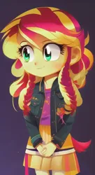 Size: 384x704 | Tagged: safe, artist:rainbowstarcolour262, derpibooru import, edit, edited screencap, machine learning generated, screencap, sunset shimmer, human, equestria girls, rainbow rocks, background, clothes, cute, female, image, jacket, leather, leather jacket, pinegraph, png, shimmerbetes, shirt, skirt