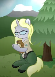 Size: 2896x4032 | Tagged: safe, artist:rainbowšpekgs, derpibooru import, oc, oc:silver bullet, unofficial characters only, beaver, pony, unicorn, clothes, eyes closed, female, glasses, hug, image, mountain, nature, park ranger, png, sitting, tree, uniform