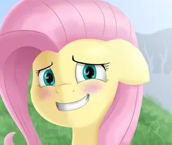Size: 1280x1080 | Tagged: safe, artist:reinbou, derpibooru import, fluttershy, pegasus, pony, blushing, floppy ears, grin, image, looking at you, png, smiling, solo