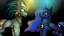 Size: 1824x1024 | Tagged: safe, artist:goldleafartist, derpibooru import, princess luna, ponified, alicorn, pony, crossover, curved horn, duo, duo male and female, fanfic art, female, glow, glowing horn, horn, image, kotal kahn, male, mare, mortal kombat, mortal kombat 11, png, stallion, story in the source