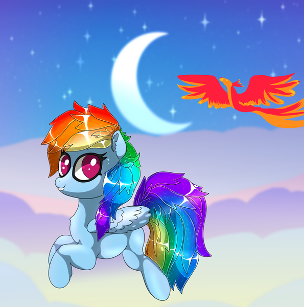 Size: 1344x1356 | Tagged: safe, artist:opal2023, derpibooru import, rainbow dash, pegasus, phoenix, cloud, image, night, png, sparkles