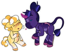 Size: 2000x1500 | Tagged: safe, derpibooru import, oc, oc:blacklight bulb, oc:lemon meringue, unofficial characters only, earth pony, pony, unicorn, chibi, duo, duo female, female, glow, glowing horn, headband, horn, image, leonine tail, lesbian, magic, missing cutie mark, png, pregnant, raised hoof, tail, transgender, transgender oc, unshorn fetlocks