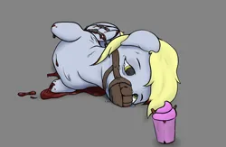 Size: 2072x1352 | Tagged: semi-grimdark, artist:dvfrots, derpibooru import, derpy hooves, oc, pegasus, pony, abuse, amputation, amputee, blood, bound wings, chains, commission, crying, cupcake, derpybuse, female, food, gag, image, muzzle, muzzle gag, png, ponytail, quadruple amputee, simple background, solo, wings