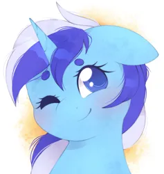 Size: 1913x2021 | Tagged: safe, artist:adostume, derpibooru import, minuette, pony, unicorn, blushing, bust, female, floppy ears, image, jpeg, looking at you, mare, one eye closed, portrait, smiling, smiling at you, solo, wink, winking at you