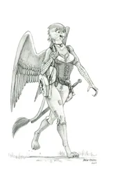 Size: 950x1373 | Tagged: safe, artist:baron engel, derpibooru import, gabby, anthro, gryphon, bell, bell collar, breasts, busty gabby, cleavage, collar, female, image, jpeg, monochrome, pencil drawing, simple background, solo, spread wings, sword, traditional art, weapon, white background, wings