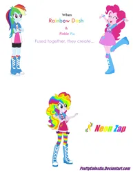 Size: 1032x1336 | Tagged: safe, artist:prettycelestia, derpibooru import, pinkie pie, rainbow dash, belt buckle, blue eyes, boots, clothes, fusion, high heel boots, image, jacket, multicolored hair, multiple arms, png, rainbow hair, shoes, socks, stockings, thigh highs