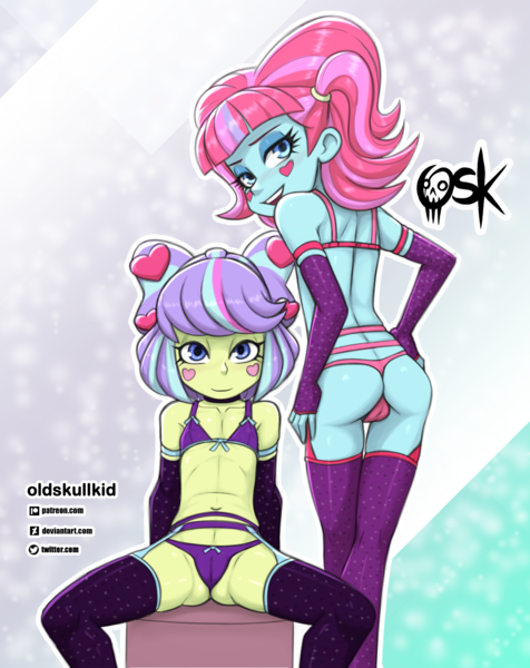 Size: 1417x1787 | Tagged: suggestive, artist:oldskullkid, banned from derpibooru, kiwi lollipop, supernova zap, equestria girls, child, clothes, female, females only, image, lingerie, lolicon, panties, png, thong, underage, underwear, young, younger
