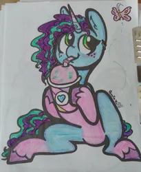 Size: 1714x2087 | Tagged: safe, artist:nootaz, derpibooru import, butterfly, earth pony, insect, pony, unicorn, g5, drink, drinking, drinking straw, female, hoof hold, image, jpeg, looking up, mare, misty brightdawn, sitting, smoothie, solo, traditional art