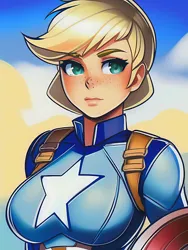 Size: 1020x1360 | Tagged: safe, derpibooru import, editor:sammykun, machine learning generated, novelai, stable diffusion, applejack, human, equestria girls, big breasts, breasts, bust, captain america, clothes, cosplay, costume, crossover, freckles, image, leather, leather straps, lips, looking at you, marvel, marvel cinematic universe, military uniform, png, portrait, serious, serious face, shield, solo, uniform