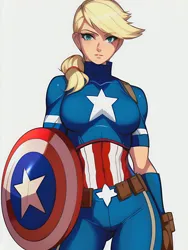 Size: 1020x1360 | Tagged: safe, derpibooru import, editor:sammykun, machine learning generated, novelai, stable diffusion, applejack, human, equestria girls, american flag, breasts, bust, captain america, clothes, cosplay, costume, crossover, female, flag, image, leather, leather straps, lips, looking at you, marvel, marvel cinematic universe, military uniform, png, portrait, reasonably sized breasts, serious, serious face, shield, solo, uniform