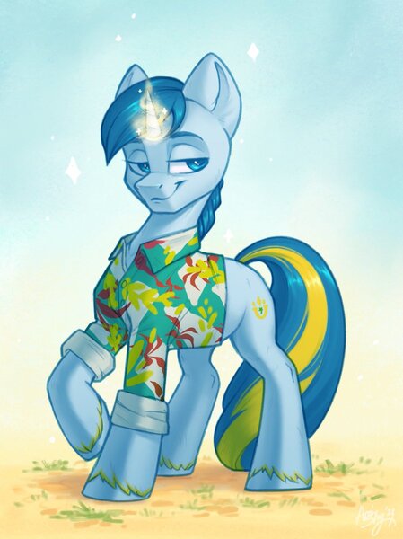 Size: 898x1200 | Tagged: safe, artist:amishy, derpibooru import, oc, unofficial characters only, pony, unicorn, clothes, glow, glowing horn, hawaiian shirt, horn, image, jpeg, lidded eyes, looking sideways, magic, magic aura, male, raised hoof, shirt, smiling, smirk, solo, stallion, unshorn fetlocks