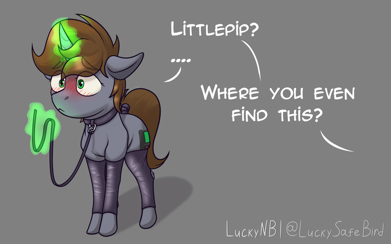 Size: 4000x2500 | Tagged: suggestive, artist:luckynb, derpibooru import, oc, oc:littlepip, pony, unicorn, fallout equestria, dialogue, horn, image, latex, magic, png, solo, telekinesis, unicorn oc