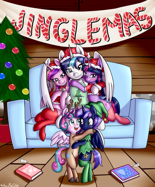 Size: 3105x3750 | Tagged: safe, artist:anibaruthecat, derpibooru import, princess cadance, princess flurry heart, shining armor, twilight sparkle, twilight sparkle (alicorn), oc, oc:prince nova sparkle, alicorn, pony, accessories, adorable face, adorasexy, alicorn oc, alicornified, animal costume, aunt and nephew, aunt and niece, banner, book, brother, brother and sister, candy, candy cane, christmas, christmas lights, christmas presents, christmas stocking, christmas tree, clothes, collar, colt, commission, costume, couch, cousins, cute, cutie mark, cutie mark on clothes, elf costume, family, father and child, father and daughter, father and son, female, filly, foal, food, half-brother, half-cousins, half-siblings, half-sister, hat, headband, high res, holiday, horn, hug, image, jewelry, male, mare, mother and child, mother and daughter, mother and son, necklace, offspring, parent and child, parent:shining armor, parent:twilight sparkle, parents:shining sparkle, png, poster, prince shining armor, product of incest, race swap, reindeer costume, santa costume, santa hat, sexy, shakespearicles, shiningcorn, shirt, siblings, sister, sisters, sisters-in-law, sitting, socks, stallion, standing, stockings, thigh highs, tree, wall of tags, wings