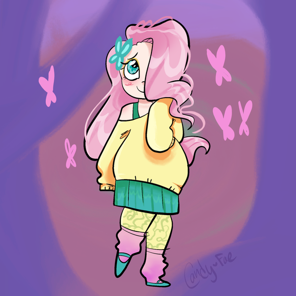 Size: 2000x2000 | Tagged: safe, artist:carconutty, derpibooru import, fluttershy, human, blushing, bra, bra strap, clothes, cute, female, flats, hair over one eye, humanized, image, leg warmers, leggings, png, shoes, shyabetes, skirt, solo, sweater, sweatershy, underwear