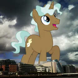 Size: 640x640 | Tagged: safe, artist:dragonchaser123, derpibooru import, edit, editor:jaredking779, clever musings, pony, unicorn, background pony, dublin, friendship student, giant pony, giant unicorn, highrise ponies, image, ireland, irl, jpeg, looking up, macro, male, mega giant, open mouth, photo, ponies in real life, smiling, solo, stallion