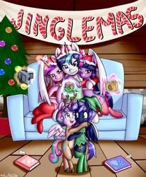 Size: 3105x3750 | Tagged: safe, alternate version, artist:anibaruthecat, derpibooru import, princess cadance, princess flurry heart, shining armor, twilight sparkle, twilight sparkle (alicorn), oc, oc:prince nova sparkle, alicorn, pony, accessories, adorable face, adorasexy, alicorn oc, alicornified, animal costume, aunt and nephew, aunt and niece, banner, book, brother, brother and sister, camera, candy, candy cane, christmas, christmas gift, christmas lights, christmas stocking, christmas tree, clothes, collar, colt, commission, costume, couch, cousins, crossdressing, cute, father and child, father and daughter, father and son, female, filly, foal, food, half-brother, half-cousins, half-siblings, half-sisters, hat, headband, high res, holiday, horn, hug, image, jewelry, levitation, magic, magic aura, male, mare, mistleholly, mistletoe, mistletoe abuse, mother and child, mother and daughter, mother and son, necklace, offspring, parent and child, parent:shining armor, parent:twilight sparkle, parents:shining sparkle, png, poster, prince shining armor, product of incest, race swap, reindeer costume, santa costume, santa hat, sexy, shakespearicles, shiningcorn, shirt, siblings, sister, sisters, sisters-in-law, sitting, socks, stallion, standing, stockings, telekinesis, thigh highs, tree, wall of tags, wings