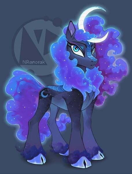 Size: 1072x1406 | Tagged: safe, artist:anoraknr, derpibooru import, princess luna, kirin, pony, blue eyes, blue mane, blue tail, crescent moon, digital art, ethereal mane, ethereal tail, eyelashes, eyeshadow, female, flowing mane, flowing tail, glow, gray background, image, jpeg, kirin luna, kirinified, logo, looking at you, makeup, mare, moon, scales, simple background, solo, species swap, starry mane, starry tail, stars, tail, unshorn fetlocks