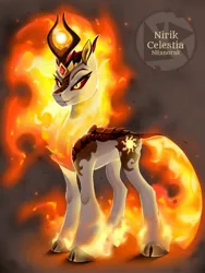 Size: 1080x1440 | Tagged: safe, artist:anoraknr, derpibooru import, daybreaker, kirin, nirik, pony, crown, digital art, ethereal mane, ethereal tail, eyelashes, eyeshadow, female, fire, flowing mane, flowing tail, folded wings, gem, gray background, horns, image, jewelry, jpeg, kirin daybreaker, kirinified, lidded eyes, logo, makeup, mane of fire, mare, regalia, scales, simple background, smiling, solo, species swap, tail, tail of fire, unshorn fetlocks, wings, yellow eyes