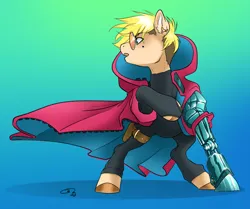 Size: 2683x2248 | Tagged: safe, artist:opalacorn, derpibooru import, ponified, earth pony, pony, amputee, clothes, coat, crossover, gradient background, head turned, image, jpeg, longcoat, male, prosthetic leg, prosthetic limb, prosthetics, solo, stallion, sunglasses, trigun, trigun stampede, vash the stampede