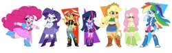 Size: 2180x678 | Tagged: safe, artist:susanarodriguesart, derpibooru import, applejack, fluttershy, pinkie pie, rainbow dash, rarity, sci-twi, sunset shimmer, twilight sparkle, equestria girls, boots, chubby, clothes, female, fit, flexing, humane five, humane seven, humane six, image, jpeg, one eye closed, open mouth, open smile, rope, shoes, simple background, skinny, skirt, smiling, thick, white background, wink