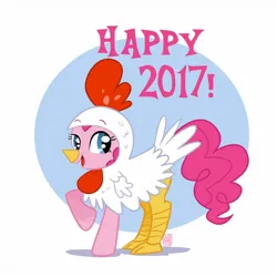 Size: 1280x1280 | Tagged: safe, artist:susanarodriguesart, derpibooru import, pinkie pie, earth pony, pony, 2017, animal costume, chicken pie, chicken suit, clothes, costume, happy new year, happy new year 2017, holiday, image, jpeg, raised hoof, solo