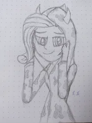 Size: 2992x4000 | Tagged: safe, artist:lukasz, derpibooru import, rarity, human, equestria girls, cow horns, cow suit, eyebrows, high res, horns, image, jpeg, looking at you, monochrome, signature, smiling, smiling at you, solo, traditional art